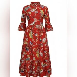 Red Floral Midi Dress with Flared Sleeves